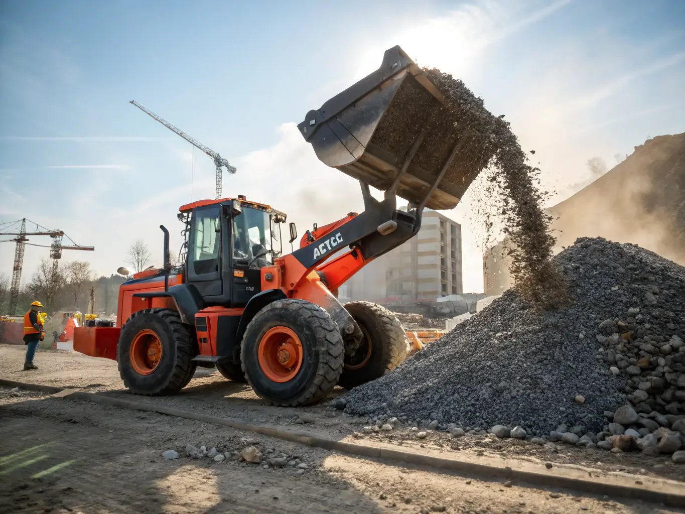 A front loader moving gravel on a construction site. The loader is clean and appears to be in excellent working condition, with the PARO Construction Inc. logo visible.