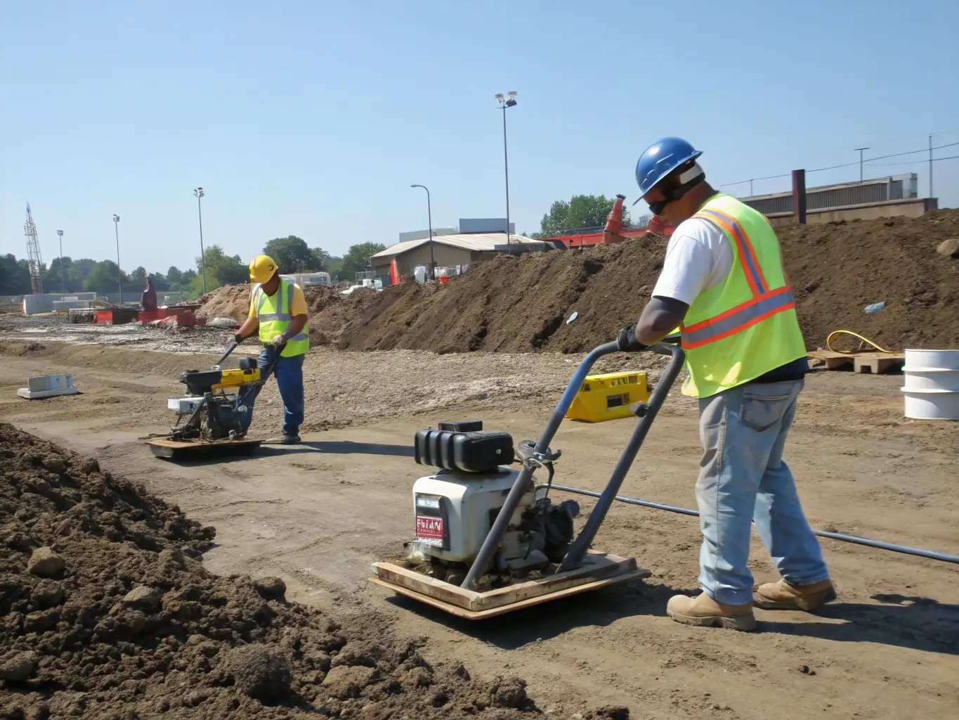 A soil compactor being used to flatten ground on a construction site. The compactor is modern and well-maintained, with the PARO Construction Inc. logo subtly placed.